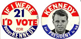 1968 2 Different Robert F.  Kennedy (bobby) Campaign 3 1/2 " Buttons