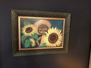 Mid - Century Shuzo Ikeda Japanese Woodblock Print Girl Sunflowers Frame
