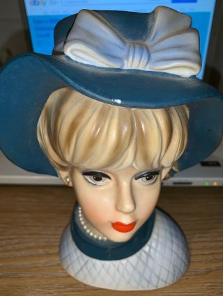 Vintage Napco Napcoware C7495 Large Lady Head Vase 8” Green Hat Earrings/necklac