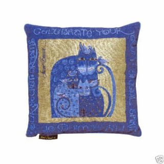 Laurel Burch Indigo Blue Gold Feline Cat Decorative Tapestry Throw Pillow Nwt
