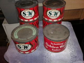 Vintage S&w Coffee 1lb Tin (5) Empty,  Great Colorful Logo & Graphics 1 Schilling