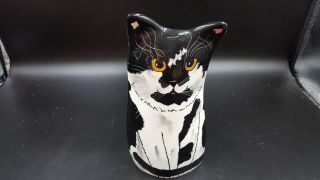 Cats By Nina Lyman Black And White Cat W/yellow Eyes Vase 7 In.  Tall Purr - Fect