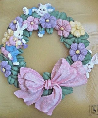 Bunny/flowers Easter Wreath Ceramic Hand Painted 12 " X 12 "
