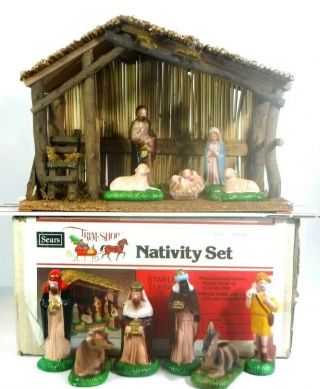 Vtg Sears 71 - 97169 Trim Shop Christmas Nativity Set,  Wood Stable - 11 Figures