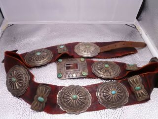 Navajo Vintage Unsigned 13 Concho Belt Sterling Silver Turquoise Hand Stamped