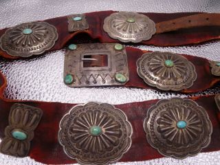 Navajo Vintage Unsigned 13 Concho Belt Sterling Silver Turquoise Hand Stamped 2