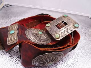 Navajo Vintage Unsigned 13 Concho Belt Sterling Silver Turquoise Hand Stamped 3