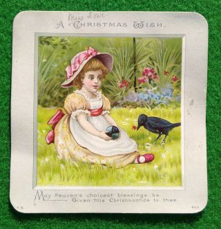 Victorian Xmas Card Young Crow Or Jackdaw Giving Flower To Girl In The Garden.