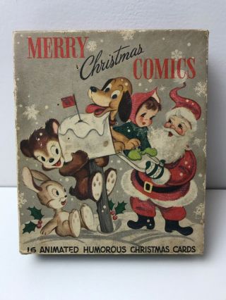 Vintage Merry Christmas Comics Card Box Only Santa Animals Dog Bear 6.  5x5.  5x1.  5