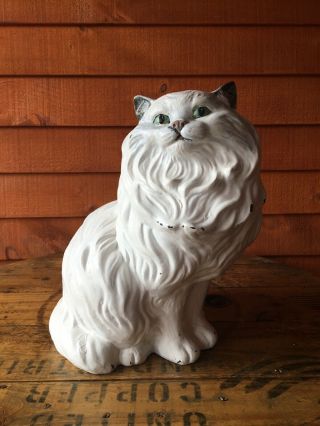 Large Vintage 14 " White Ceramic Persian Cat With Green Eyes Statue Figurine