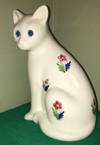 Large Vtg 11” Alcobaca White Cat Statue Figurine Flowers & Blue Eyes Portugal