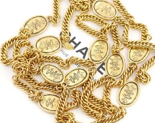 Chanel Cc Logos Oval Coin Charm Necklace 70 Inch Long Gold Tone Vintage B422