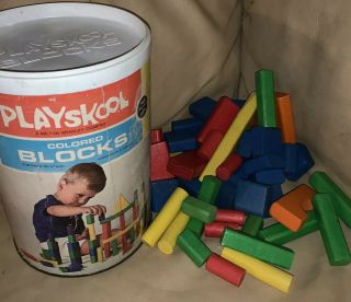 1972 Vintage Playskool Wood Colored 55 Blocks Canister