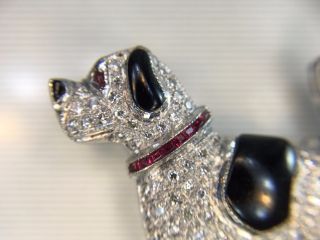 Estate Vintage 18k White Gold Round Diamond Ruby Dog Brooch Pin