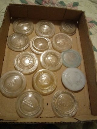 14 Vintage Glass Canning Jar Lids Inserts Jeanette Atlas Ball Presto Gem Etc