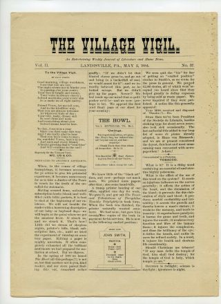 The Village Vigil - Newspaper - Landisville - Lancaster - Pa - 1884 - David Bachman Landis
