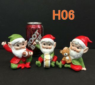 3 Vintage Homco China Elf Christmas Figurines Santa Suit Pixie