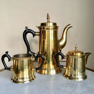 Brass Coffee Pot Teapot Creamer Sugar Set Of 3 Vintage Service Black Handles