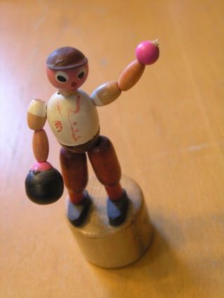 Vintage Italy Push Up Push Button Wooden Toy Puppet Man Bowling Bowler 3 5/8 "