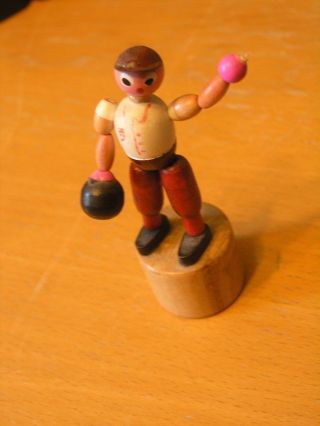 Vintage ITALY Push Up Push Button Wooden Toy Puppet Man Bowling Bowler 3 5/8 