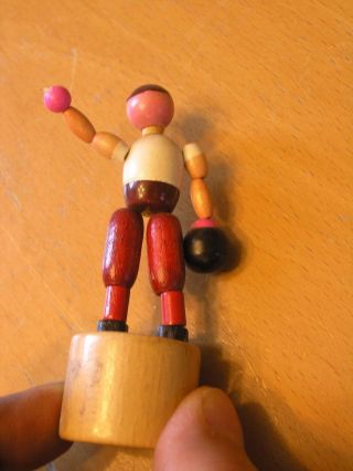 Vintage ITALY Push Up Push Button Wooden Toy Puppet Man Bowling Bowler 3 5/8 