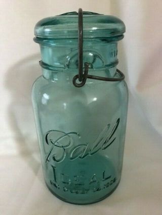 Vintage 1908 Ball Ideal Quart Blue Glass Canning Mason Jar With Wire Bail & Lid