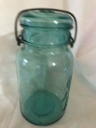 Vintage 1908 BALL IDEAL Quart Blue Glass Canning Mason Jar with Wire Bail & Lid 2
