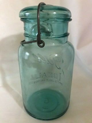 Vintage 1908 BALL IDEAL Quart Blue Glass Canning Mason Jar with Wire Bail & Lid 3