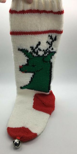 Darling Vintage Hand Knit Christmas Stocking Green Rudolph Reindeer Bell 21 " L