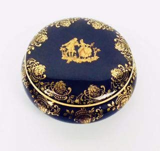 Limoges France Porcelain Powder Trinket Box Cobalt Blue Gold Lovers Floral
