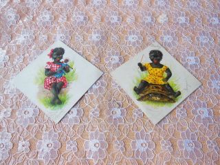 Victorian Christmas Cards/diamond Shaped/black Figures/one Riding Tortoise