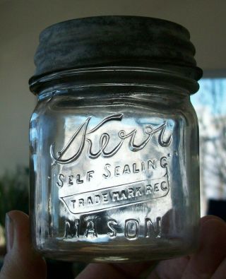 Vintage Tiny Square ½ Pint Kerr Self Sealing Mason Fruit Jar W/ Zinc Lid