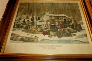 CURRIER & IVES MAPLE SUGARING EARLY SPRING IN THE NORTHERN WOODS Lithograph 2