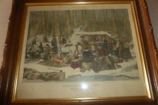 CURRIER & IVES MAPLE SUGARING EARLY SPRING IN THE NORTHERN WOODS Lithograph 3