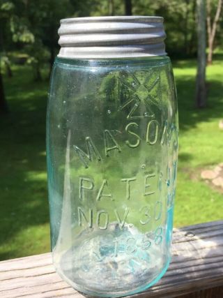1858 Quart Fruit Jar 189 Mason’s Maltese Patent Nov 30th 1867 Ball Nos Zinc Lid