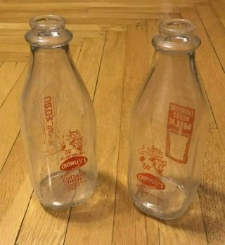 2 Vintage Clear Glass Quart Crowley Milk Bottle Crowley 