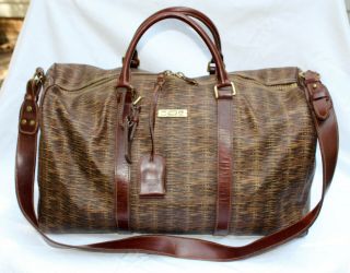 Wathne Vintage Brown Basketweave Coated Canvas Leather Trim Carry - On Duffle Bag