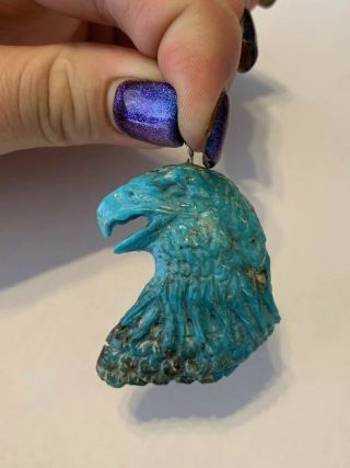 Vintage Carved Eagle Head Turquoise Stone Pendant - Cabochon ?