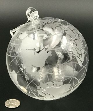 World Globe Christmas Ornament Large Etched Glass Hand - Blown Mother Earth 4 3/8 "