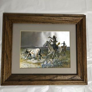 Western Cowboy Horse Decorative Art Print Framed Metal Etched Etching Vintage