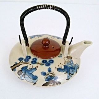 Stoneware Japanese Teapot Rattan Handle Small Footed Blue & Brown Sake Saki