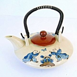 Stoneware Japanese Teapot Rattan Handle Small Footed Blue & Brown Sake Saki 2