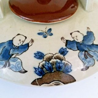 Stoneware Japanese Teapot Rattan Handle Small Footed Blue & Brown Sake Saki 3