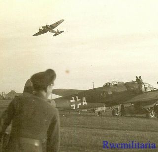 Best Luftwaffe He - 111 Bomber Taking Off & Banking Low Over Airfield; 1943