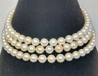 Vintage Triple Strand Cultured Pearl 14k White Gold & Diamond Necklace