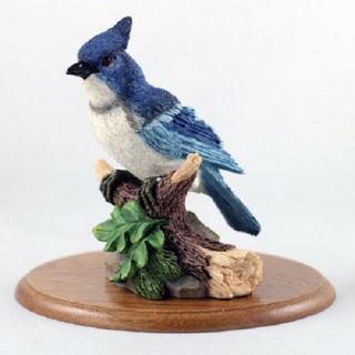 Blue Jay Hand Painted Resin Wild Bird Figurine On Wood Base Statue