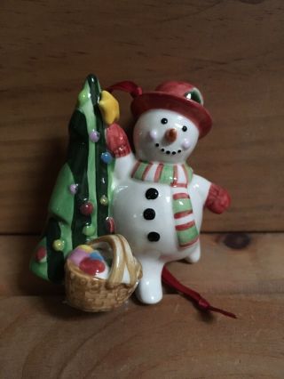 Longaberger 2004 Porcelain Snowman With Christmas Tree Ornament