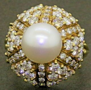 Vintage Heavy 18k Gold 2.  76ctw Vs1/f Diamond/9.  8mm Pearl Cocktail Ring Size 6.  25