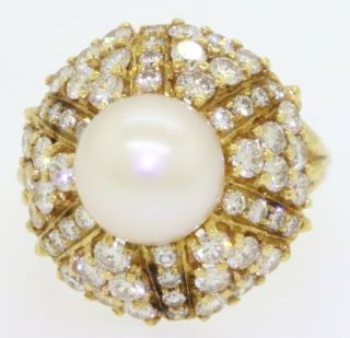 Vintage heavy 18K gold 2.  76CTW VS1/F diamond/9.  8mm pearl cocktail ring size 6.  25 2