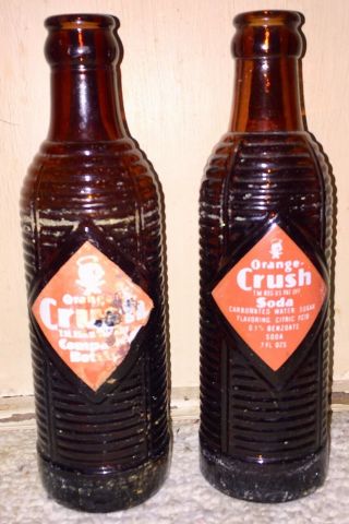 2 Vintage 7oz Orange Crush Soda Pop Ribbed Amber Brown Bottle